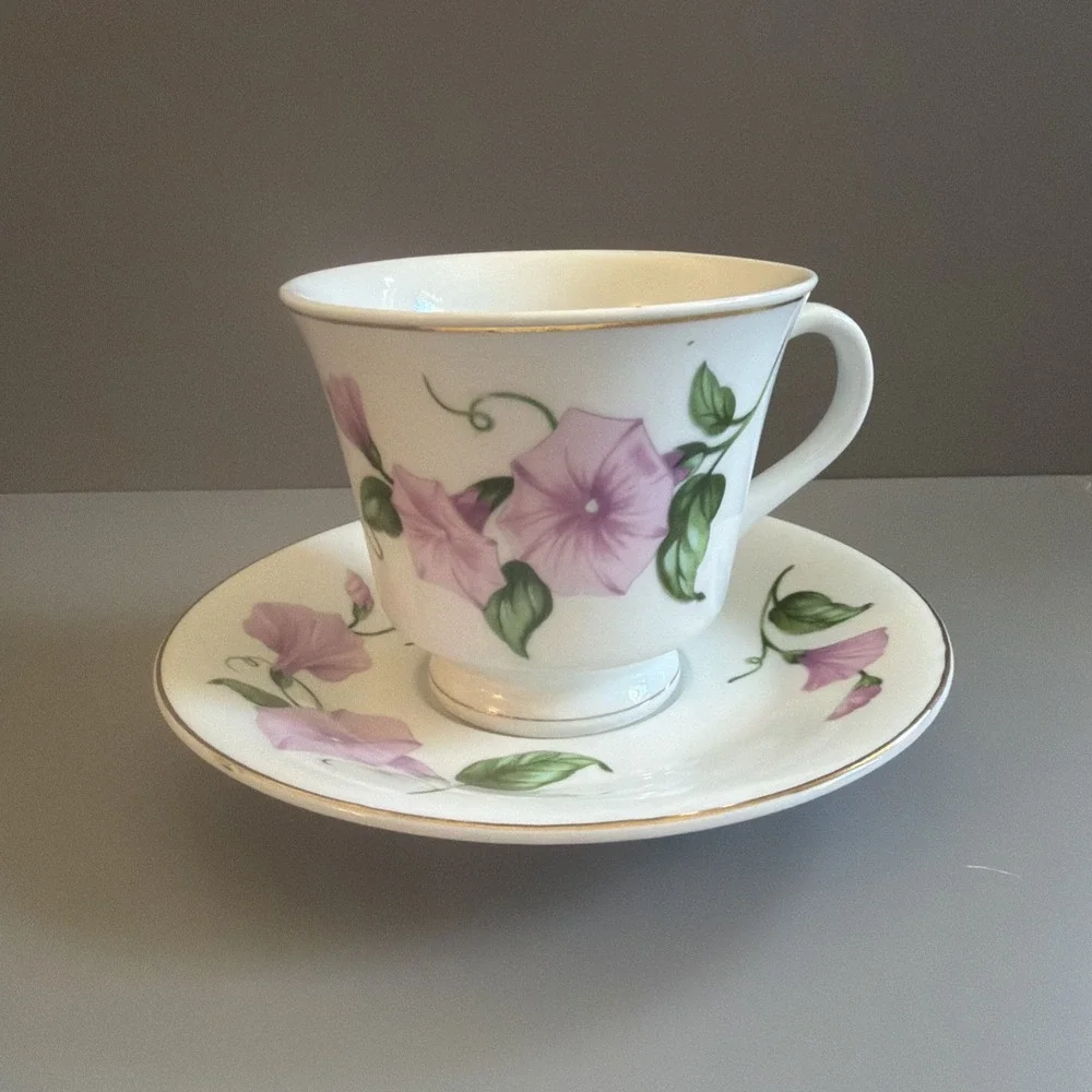 Vintage 1990's Teleflora Gift Tea Cup& Saucer- Floral Morning Glory Pink